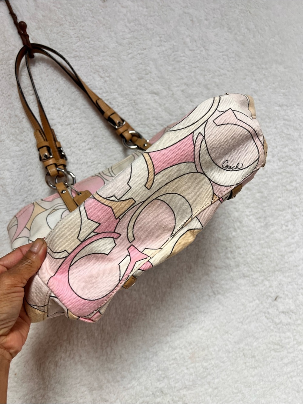 Coach Pink, Cream & Tan Signature Canvas Tote - Picture 2 of 10